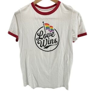 Well Worn Los Angeles Love Wins Pride Rainbow Flag‎ Red Ringer T-Shirt